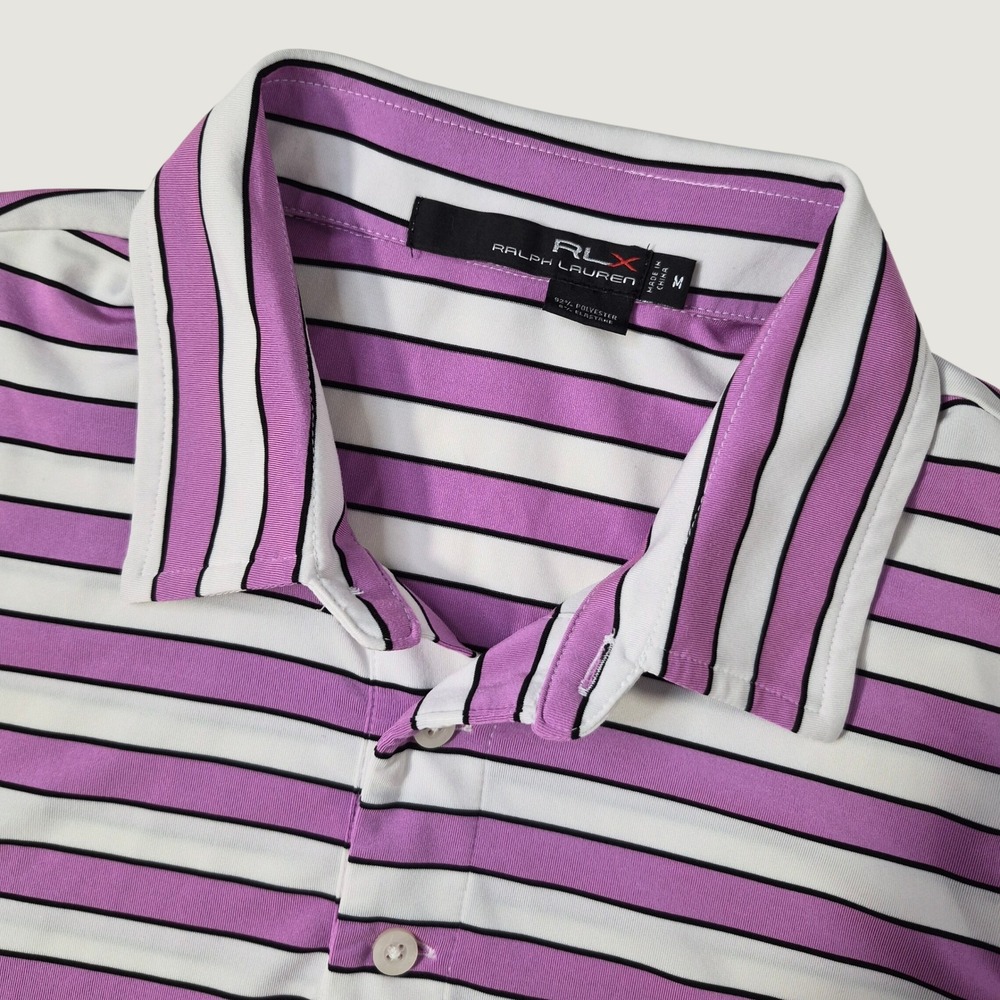 RLX Ralph Lauren Polo Shirt Mens M Purple Striped Performance Golf Sportswear